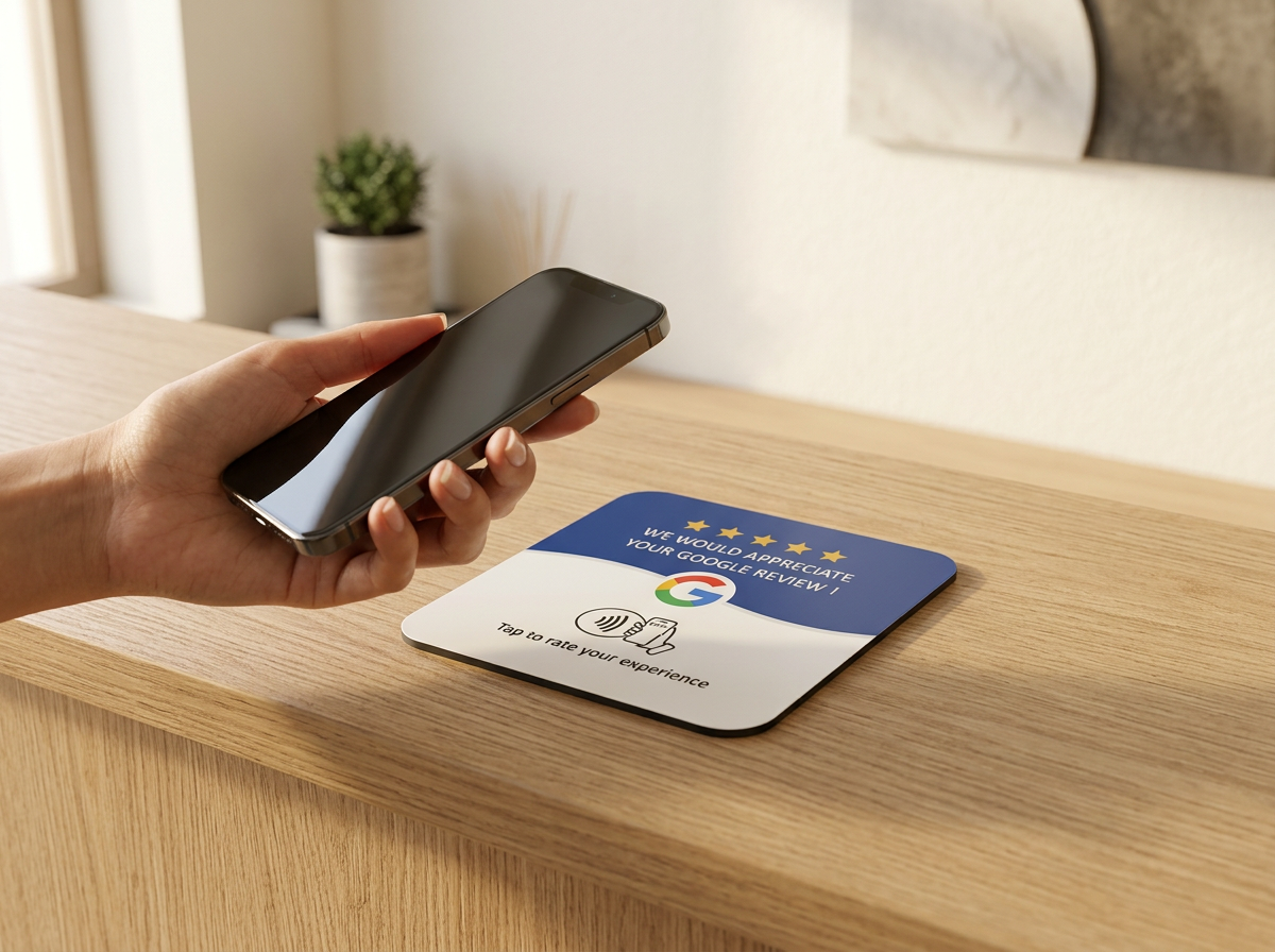 TAPLY Google review NFC plaque on a business counter with a phone held over it