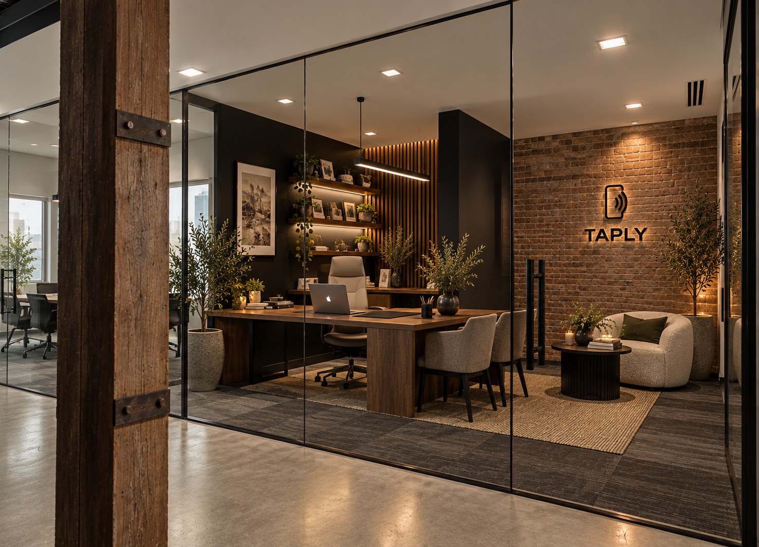 TAPLY office with the TAPLY logo on a brick wall