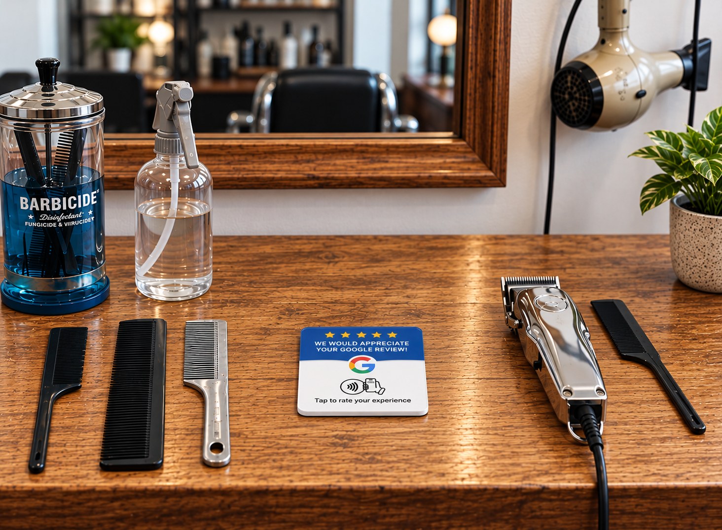 Google review plaque on a barber's station in front of the chair, next to clippers and combs