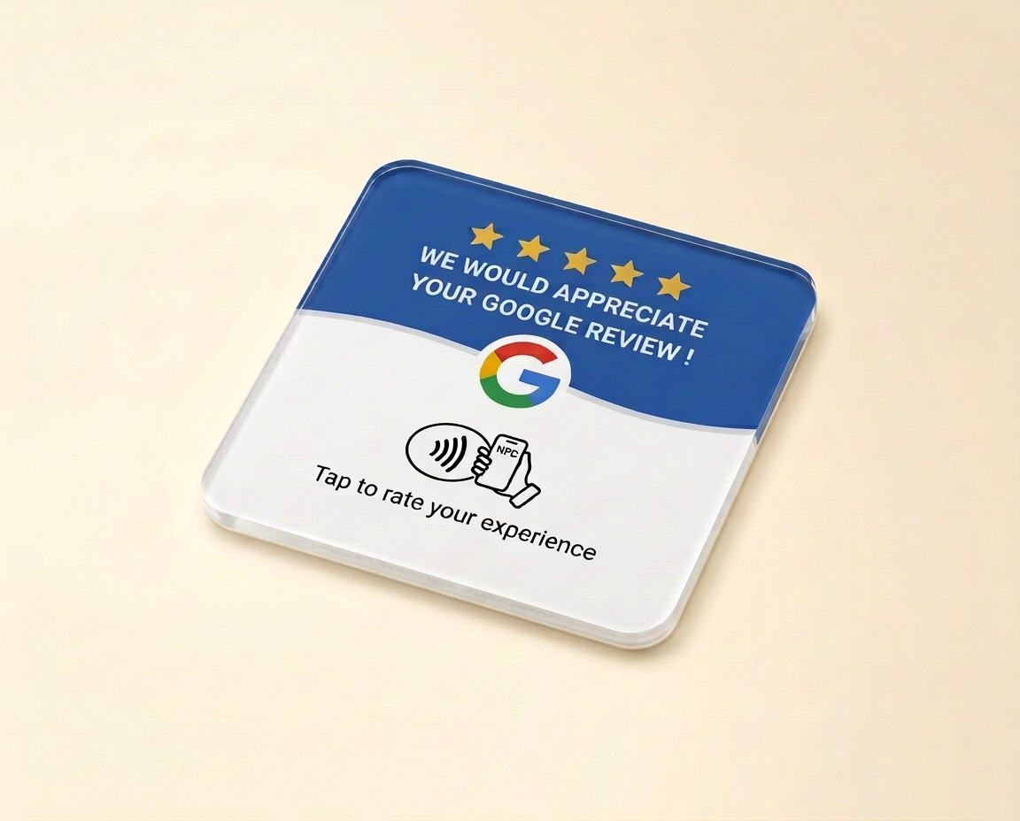 English TAPLY plaque: blue and white, 'We would appreciate your Google review' and 'Tap to rate your experience'