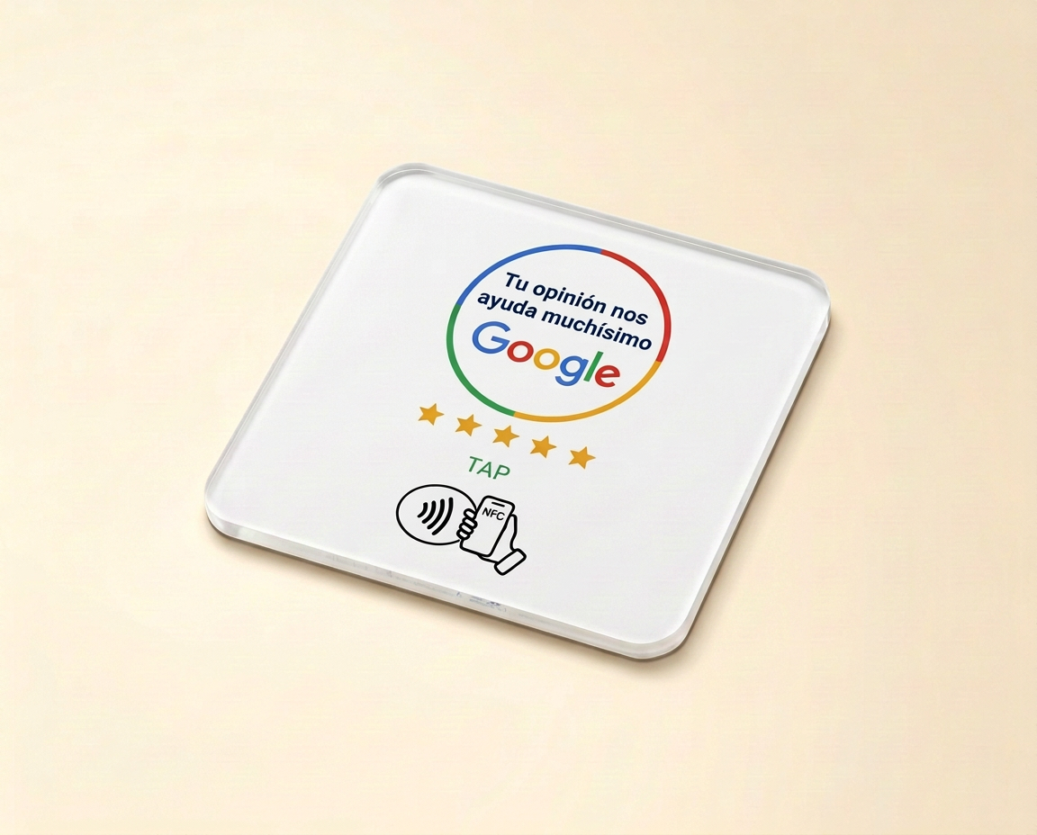 Spanish TAPLY plaque: white with Google ring, 'Tu opinión nos ayuda muchísimo', five stars and Tap
